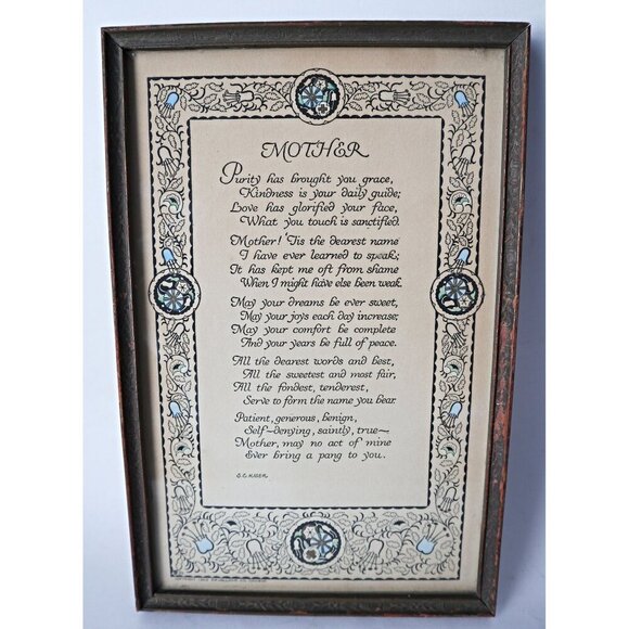 Antique Print Mother Poem Wood Frame 1920 - Picture 1 of 5